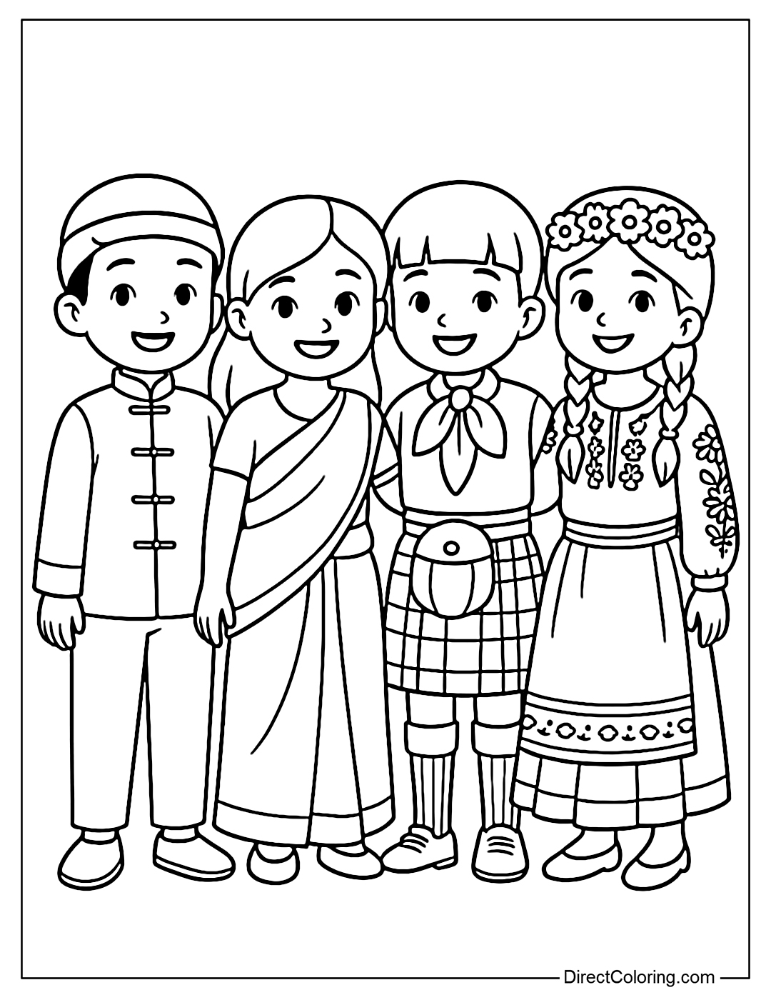 Coloring page of a group of children wearing traditional costumes from different countries.